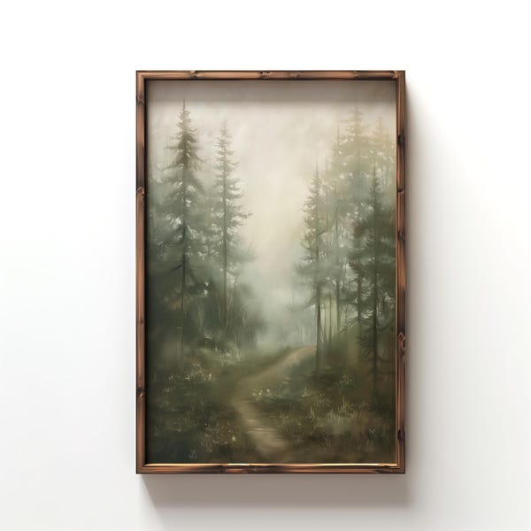 Mystic Forest Trail Art Print, Moody Pine Tree Painting, Dark Green Wall Art, Rustic Forest Wall Art, Cabin Wall Decor, Foggy Trees Print