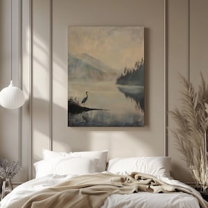 Great Blue Heron Art Print, Dark Vintage Art Print, Rustic Cabin Decor, Muted Lake Painting, Rustic Mountain Wall Art, Heron Bird Painting imagen 18