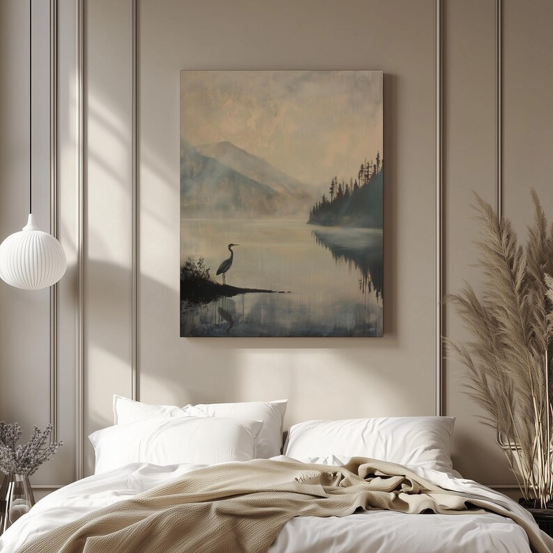 Great Blue Heron Art Print, Dark Vintage Art Print, Rustic Cabin Decor, Muted Lake Painting, Rustic Mountain Wall Art, Heron Bird Painting imagen 18