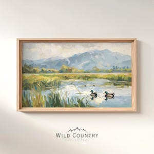 Afdrukbare eend kinderkamer kunst aan de muur print, retro wilde eend vijver schilderij, jongens slaapkamer decor, platteland print, vintage eend olieverfschilderij