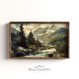 Antique Glacier National Park Art Print, River Landscape Oil Painting, Mountain Art, Cabin Decor, Rustic Home Decor, Montana Wall Art