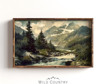 Antique Glacier National Park Art Print, River Landscape Oil Painting, Mountain Art, Cabin Decor, Rustic Home Decor, Montana Wall Art