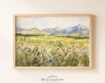 Dipinto di fiori selvatici ad acquerello, stampa di un campo di fiori ad acquerello, poster floreale ad acquerello, arredamento in stile rustico, arte murale con campo di fiori selvatici