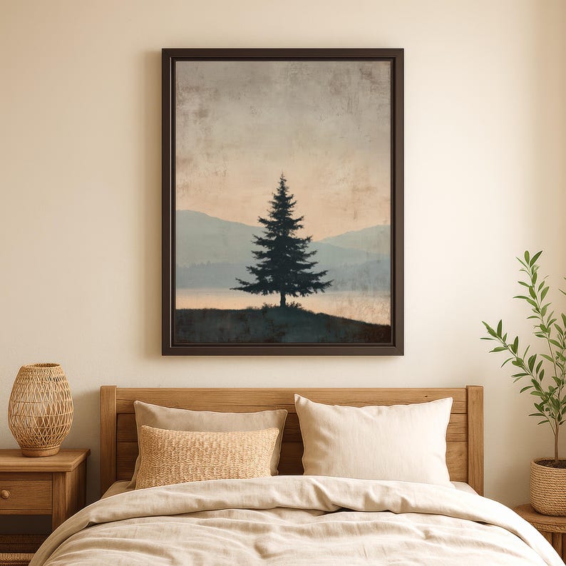 Framed Pine Tree Canvas Print Forest Decor Mountain Home Painting Lake ...