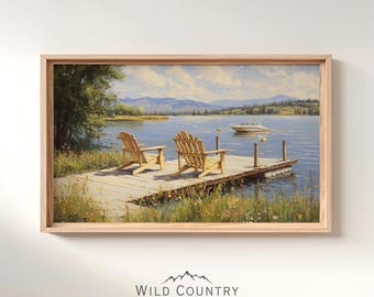 Printable Adirondack Chairs Painting, Mountain Wall Art, Vintage Lake Landscape Art, Cabin Wall Decor, Boat Dock Print, Lake View Painting