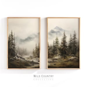Evergreen Pines Wandbild, Kiefernbaum Diptychon, Vintage Kiefernbaumdruck, Blockhausdekor, 2er-Set, druckbare Kiefern, Waldmalerei