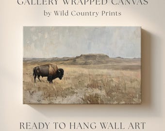 Western Bison Decor, Vintage Buffalo Canvas, Mountain Landscape, Wildlife Art, Western Wall Art, American Bison Painting Print on Canvas