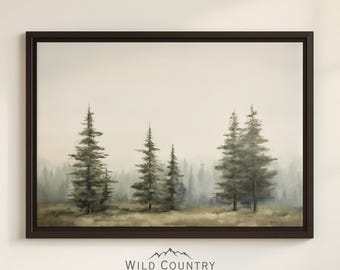 Framed Pine Tree Wall Art Canvas Pine Forest Painting Rustic Cabin Wall Decor Forest Picture Framed Woodland Nursery Art Mountain Tree Print