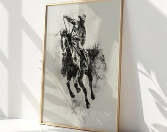 ロデオカウボーイスケッチウォールアート、跳ねる馬の絵