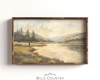 Fly Fishing Vintage Painting, Montana Oil Painting, Fisherman Decor, Vintage Fishing Art Print, River Runs Through It, Boys Bedroom Print