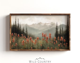 Art mural de fleurs sauvages, impression indienne au pinceau, paysage de montagne, peinture de fleurs rouges, décoration d'intérieur de montagne, impression de nature de mauvaise humeur, paysage de fleurs sauvages