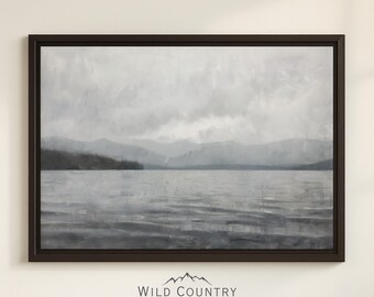 Framed Lake Landscape Canvas Muted Lake Painting Framed Picture of Lakeside Art Mountain Landscape Montana Moody Wall Art Blue Cabin Decor