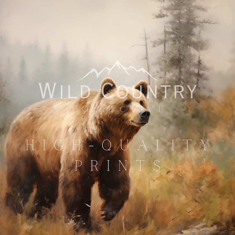 a painting of a brown bear walking through a forest