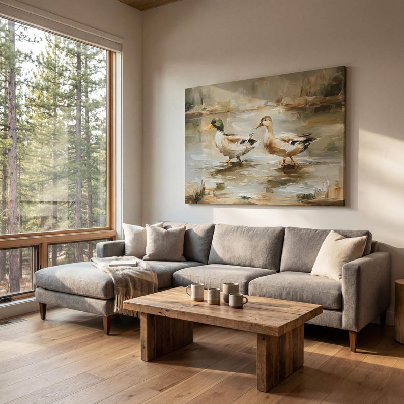 a cozy living room with a large window overlooking a wooded area. The room features a gray sectional sofa, a wooden coffee table, and a painting of ducks on the wall.