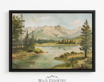 Framed Forest Lake Art Canvas Landscape Artwork Montana Vintage Mountain Canvas Framed Scenic Wall Art Rustic Picture Mountain Painting Lake