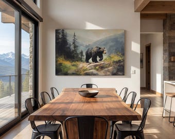Vintage Black Bear Wall Art Canvas Black Bear Painting Rustic Forest Landscape Print Wildlife Wall Decor Nursery Art Bear Large Canvas Art