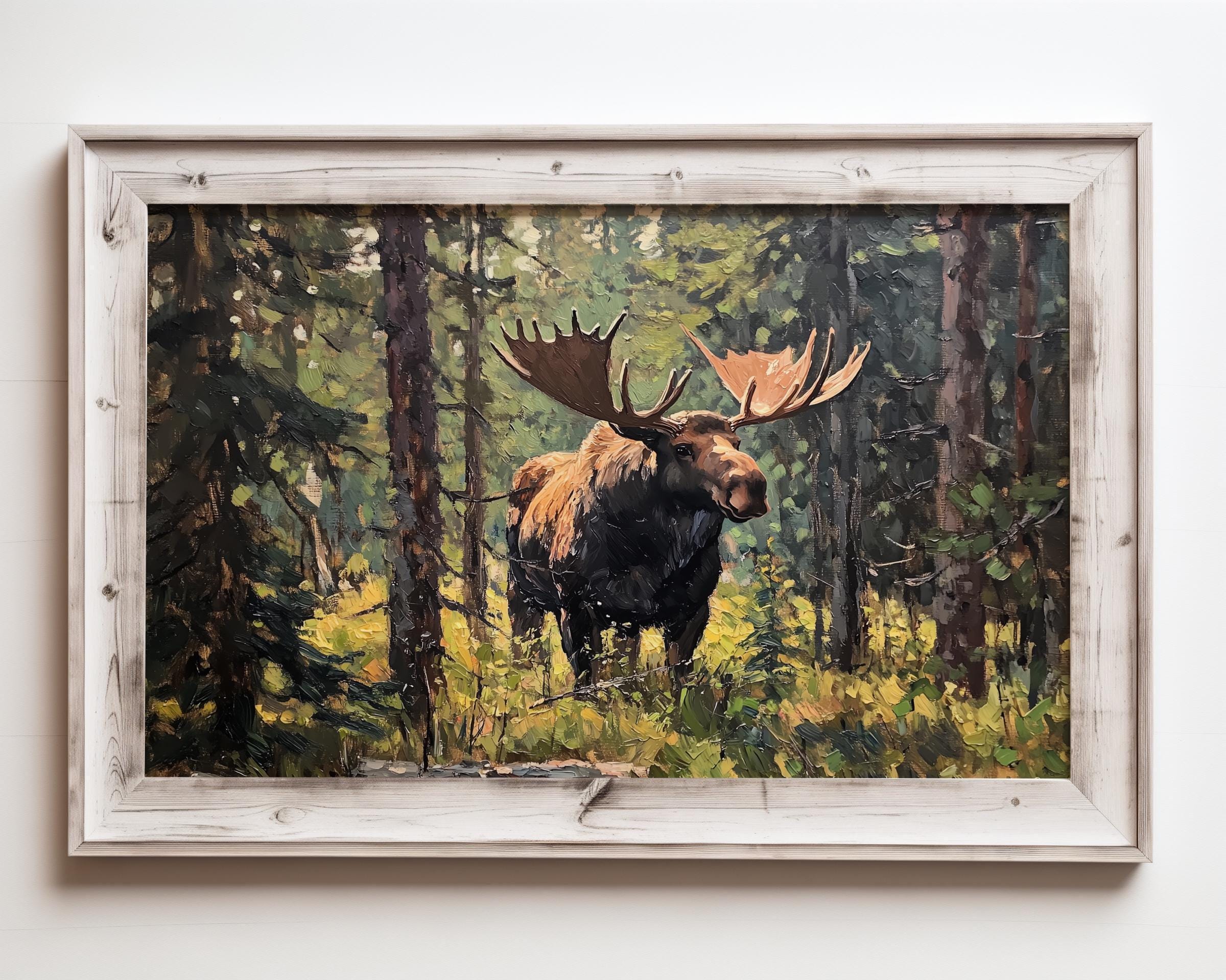 アンティークの隠れたヘラジカの絵画、森の風景画、キャビンの装飾