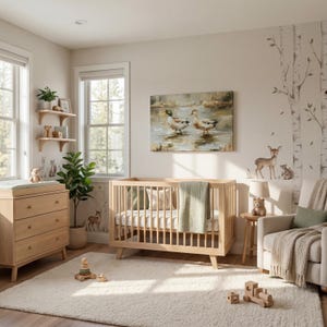 A cozy and charming nursery room with a wooden crib, a dresser, and a comfortable chair. The room has a warm and inviting atmosphere, with a painting of ducks on the wall and a tree mural adding a touch of nature. The room is well-lit, and the overall design is harmonious and visually appealing.