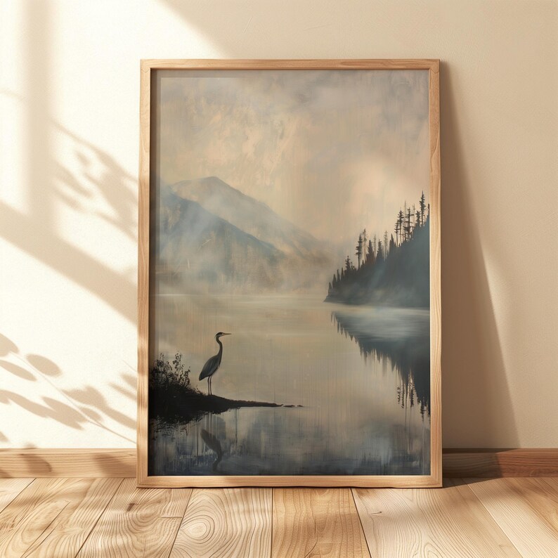 Great Blue Heron Art Print, Dark Vintage Art Print, Rustic Cabin Decor, Muted Lake Painting, Rustic Mountain Wall Art, Heron Bird Painting imagen 8