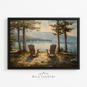 Framed Adirondack Art Canvas Vintage Lake Painting Canvas Wall Art Nature Painting for Lake House Wall Decor Mountain Lake Print Cabin Decor