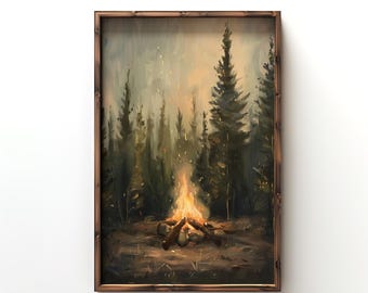 Rustic Campfire Oil Painting, Moody Pine Tree Poster Print, Camping Theme Wall Art, Cabin Wall Decor, Vintage Forest Painting, Dark Wall Art