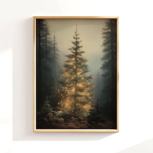 Moody Christmas Tree Print, Christmas Wall Decor, Dark Festive Print, Rustic Pine Tree Print, Dark Forest Painting, Vintage Holiday Wall Art