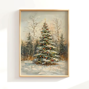 Vintage Christmas Tree Print, Snowy Pine Tree Wall Art, Holiday Decor, Winter Wall Art Poster, Winter Forest Painting, Christmas Wall Decor