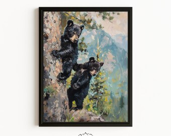 Framed Bear Cub Artwork Black Bear Picture Baby Room Wall Art