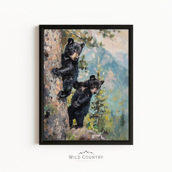Framed Bear Cub Artwork Black Bear Picture Baby Room Wall Art