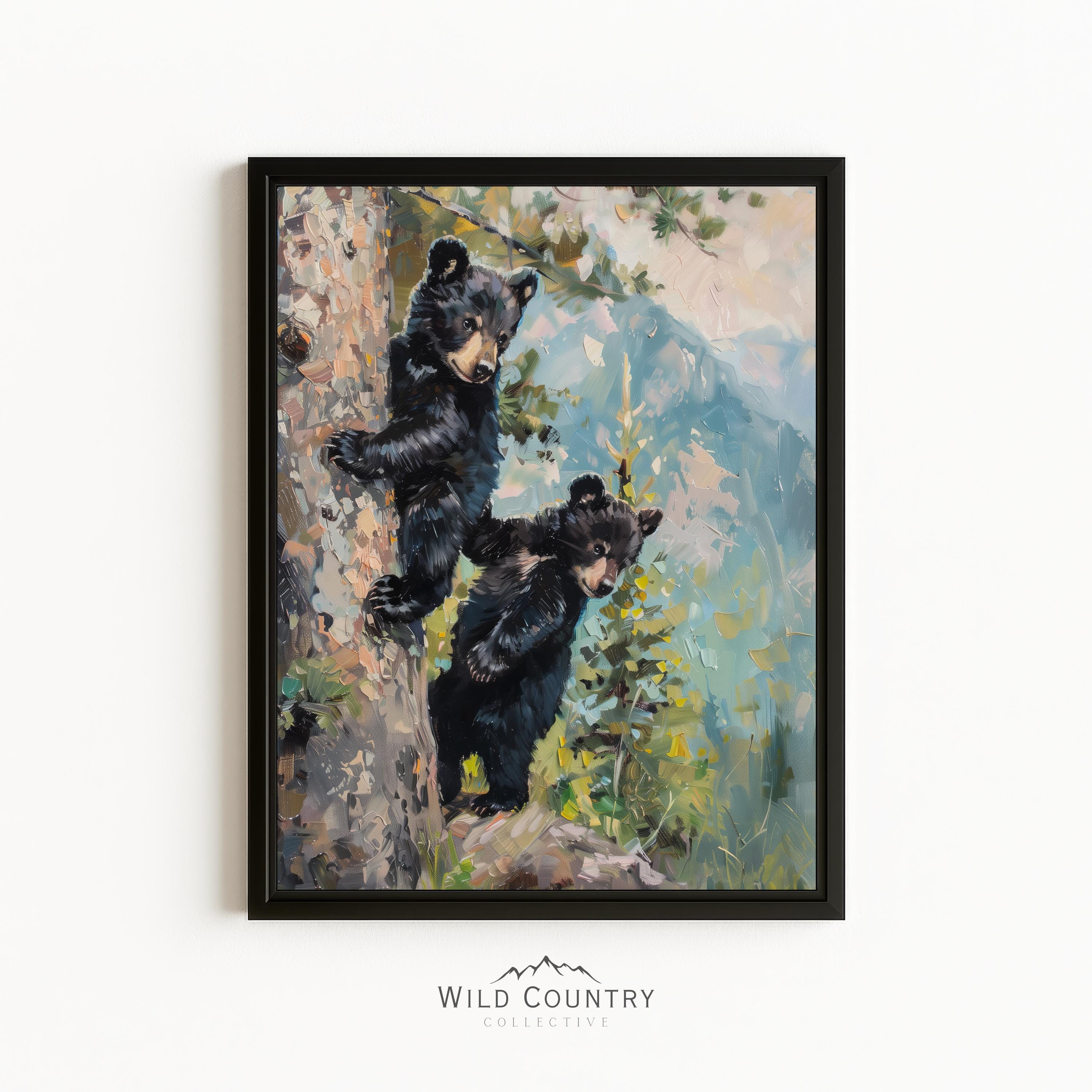 Framed Bear Cub Artwork Black Bear Picture Baby Room Wall Art