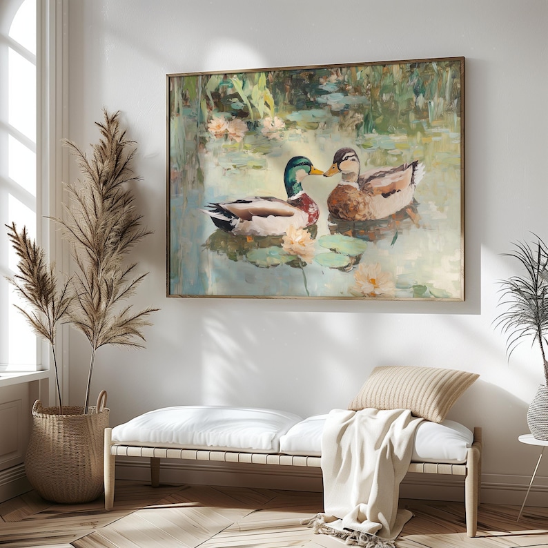 Love Birds Mallard Ducks Oil Painting, His & Hers Gift, Vintage Duck Poster Print, Mallard Duck Decor, Farmhouse Wall Art, Gift for Couples image 8