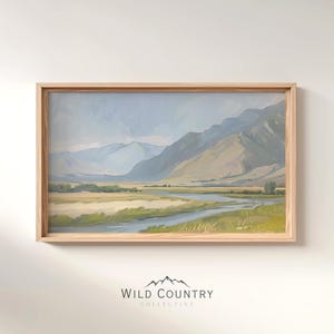 Printable Vintage Blue River Oil Painting, Light Blue Painting, Muted River Print, Mountain Landscape Wall Art, Farmhouse Decor, Nature Art