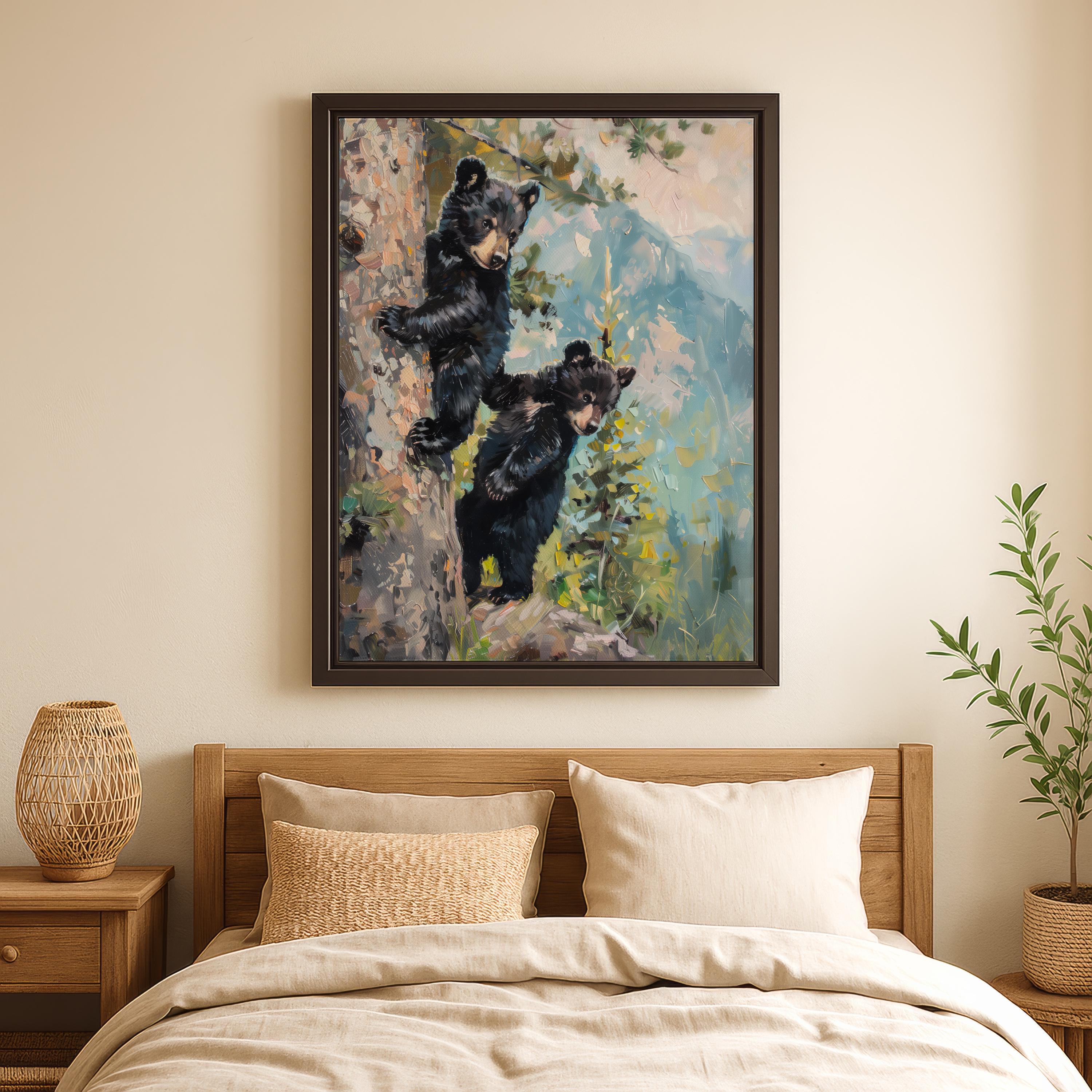 Framed Bear Cub Artwork Black Bear Picture Baby Room Wall Art