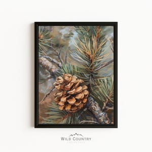 Framed Rustic Woodsy Canvas Pine Cone Evergreen Tree Canvas Warm Lodge Botanical Painting Cabin Kitchen Accent Art Ready to Hang Decor Pines