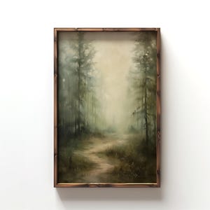 Mystic Montana Trail Art Print, Vintage Forest Wall Art, Moody Pine Tree Painting, Dark Rustic Wall Art, Foggy Forest Painting, Green Print