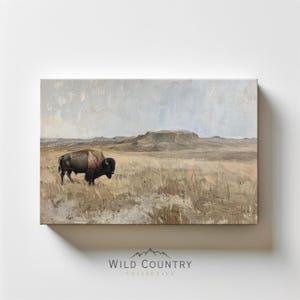 Western Bison Dekor, Vintage Büffel Leinwand, Berglandschaft, Wildtier Kunst, Western Wandkunst, Amerikanischer Bison Malerei Druck auf Leinwand