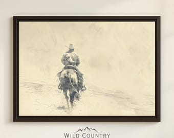 Western Nursery Decor Framed Cowboy Sketched Art Canvas Western Cowboy Vintage Wall Art Horse Print Rustic Rodeo Sketch Horse Decor Antique