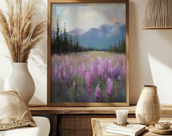 Beautiful Purple Wildflower Wall Art, Vintage Fireweed Print, Floral Wildflower Field Painting, Botanical Art Print, Fireweed Flower Poster