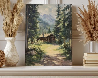 森の中の小屋の装飾 ログキャビンの絵 キャンバス 森の壁の装飾 自然