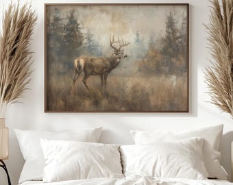 Rustic Deer Painting for Man Cave Hunting Decor Gift for Him Dark Brown Wall Art for Cabin Vintage Woodland Bedroom Decor Forest Art Print