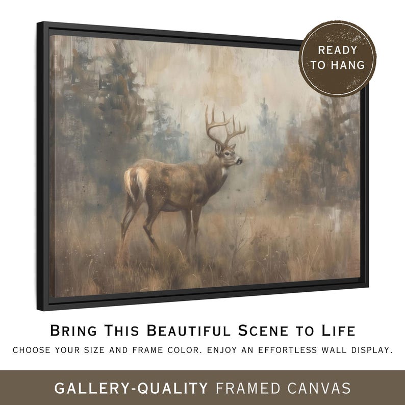 Framed Deer Canvas Rustic Wildlife Wall Art Buck in Forest Landscape ...