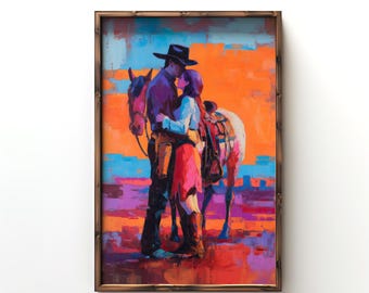 Romantic Art Print Western Cowboy Painting Abstract Romantic Print Cowboy Colorful Painting Love Wall Art Vintage Couple Room Decor Cowgirl
