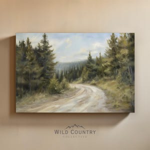 Back Roads Forest Art Print on Canvas, Evergreen Pine Tree Canvas, Rustic Pine Tree Painting, Woodland Nursery Decor, Rugged Forest Wall Art