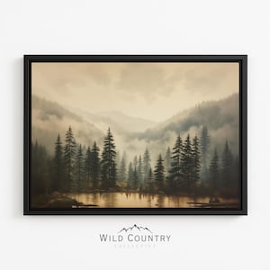 Framed Evergreen Forest Tree Print Canvas Pine Tree Artwork Vintage Green Forest Mountain Painting Cabin Wall Decor Ready to Hang Mountain