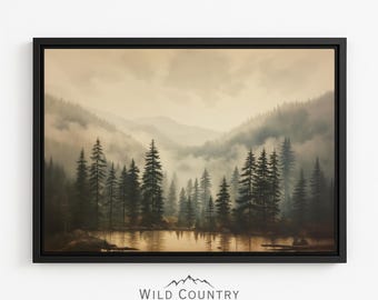 Framed Evergreen Forest Tree Print Canvas Pine Tree Artwork Vintage Green Forest Mountain Painting Cabin Wall Decor Ready to Hang Mountain