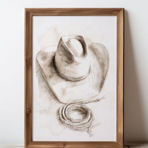 Vintage Cowboy Hat Sketch Drawing, Western Art Poster Print, Country Western Decor, Rodeo Cowboy Wall Art, Rustic Country Print, Montana Art