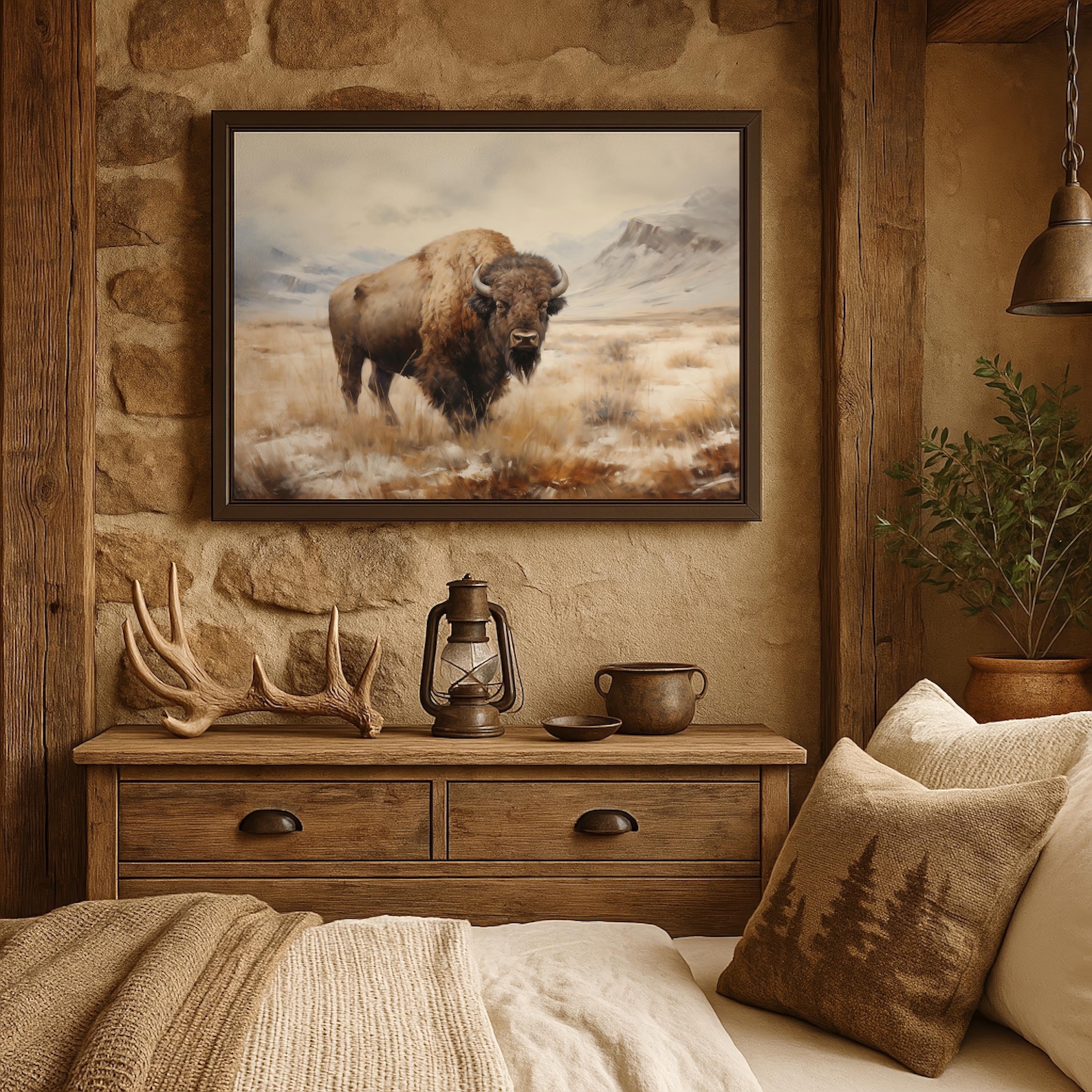 Framed Bison Canvas Vintage Mountain Landscape Painting Buffalo Wall ...