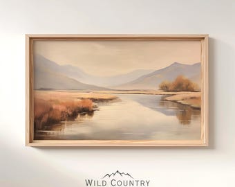 Printable Muted River Oil Painting, Vintage River Landscape, Mountain Wall Art, Cabin Decor, Country Art, Farmhouse Decor, Antique Wall Art