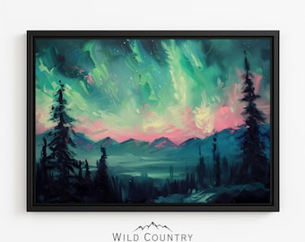 Framed Northern Lights Art Canvas Night Sky Painting Mountain Home Wall Art Forest Theme Bedroom Aurora Borealis Artwork Star Print Canvas