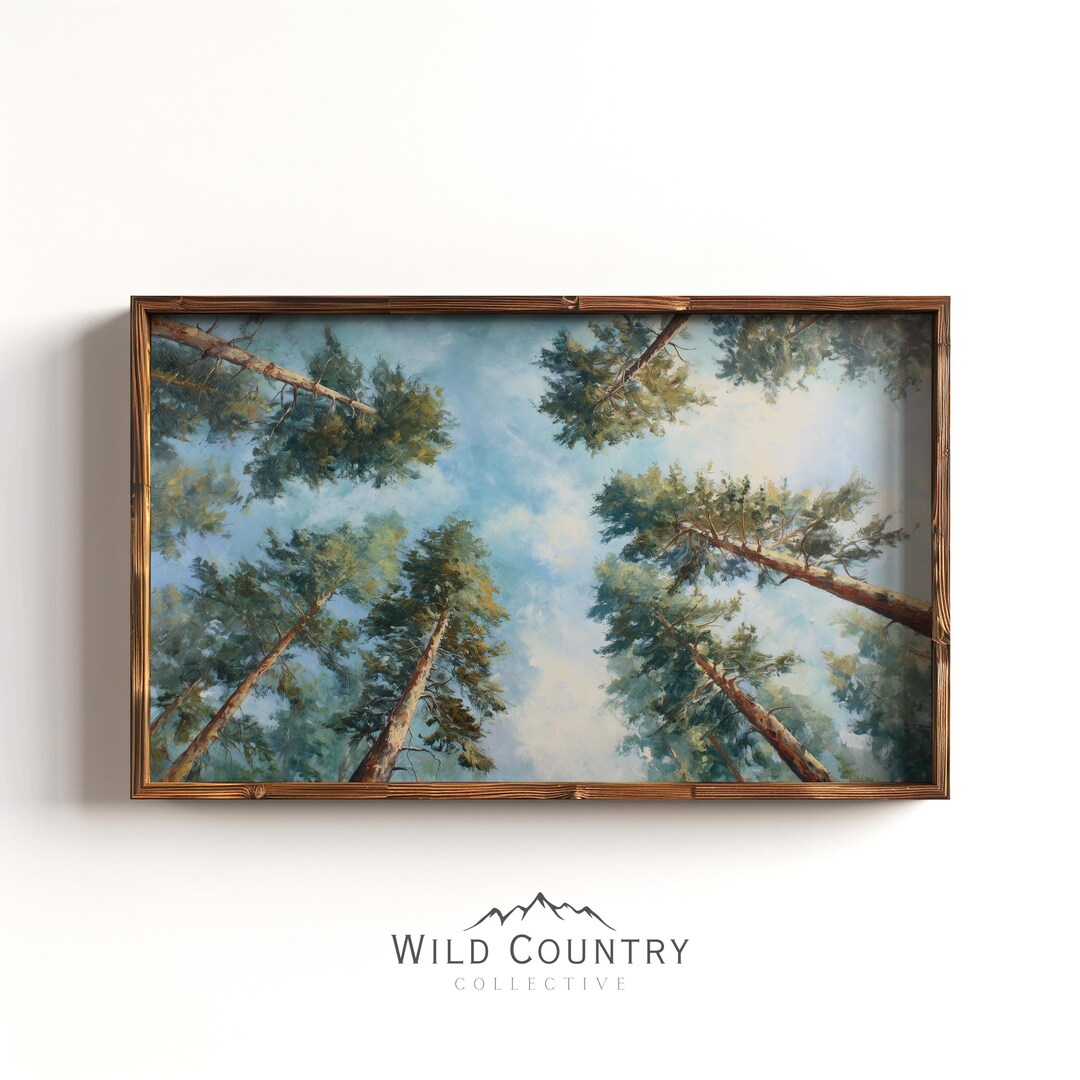 Forest Painting Evergreen Pine Tree Wall Art Nature Print Blue Sky ...